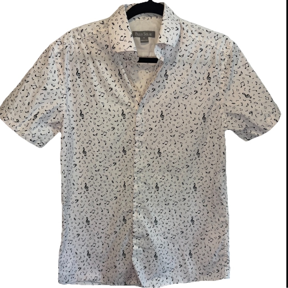 Mens Music Note Print Shirt Paulo Solari Medium White Short Sleeve Button Up